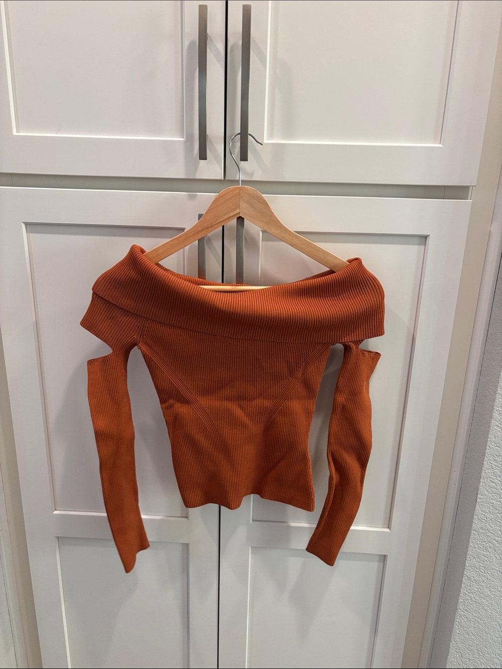 Off-Shoulder Ribbed Sweater - Rust Orange